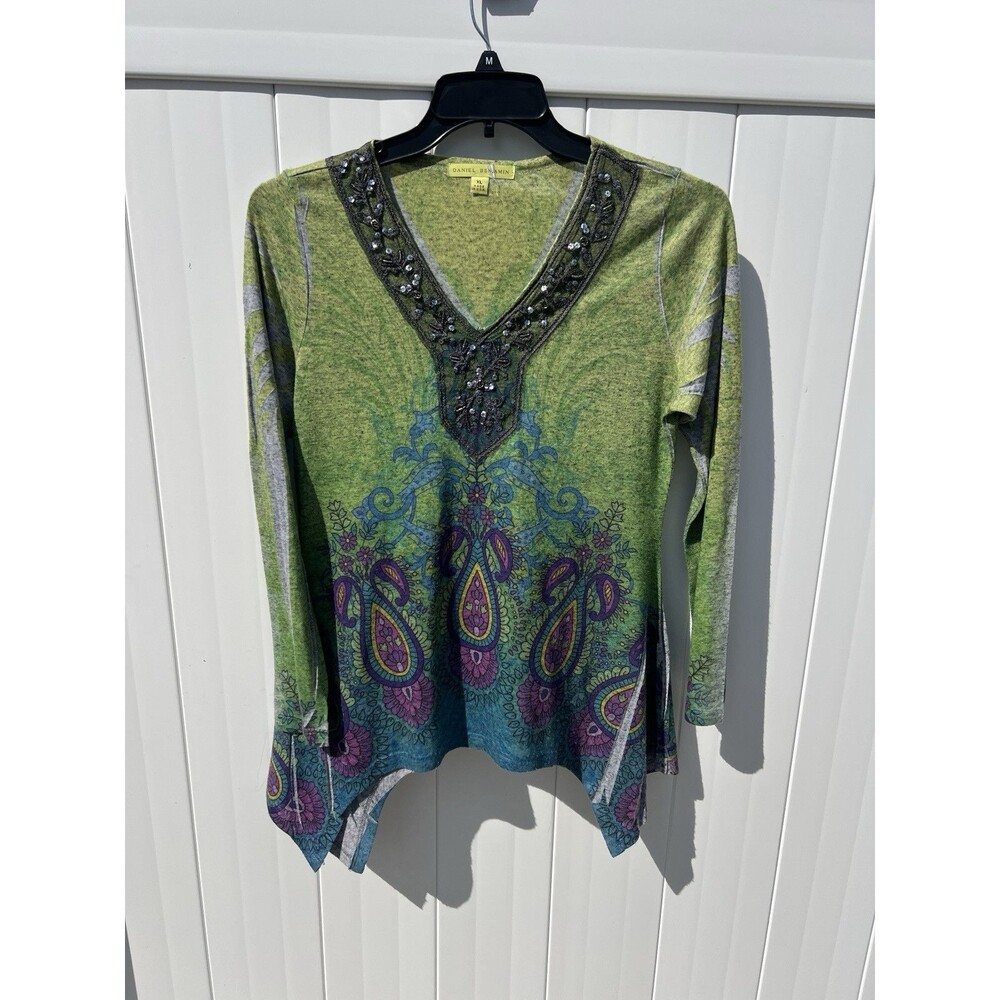 Women’s Daniel Benjamin Blouse Shirt Size XL Colorful Sharkbite Hem Linen Blend